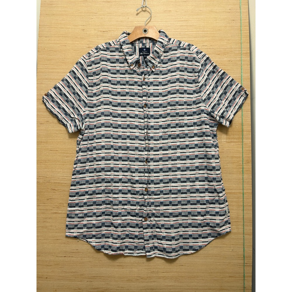 Ben Sherman Mens XL Short Sleeve Button Down Shirt Geometric Stripe Navy Pink